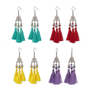 4 Pairs 4 Color Polyester Tassel with Glass Beaded Chandelier Earrings, 316 Surgical Stainless Steel Flower Long Drop Earrings for Women, Mixed Color, 88mm, Pin: 0.6mm, 1 Pair/color