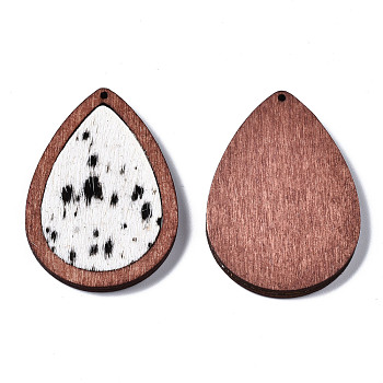Eco-Friendly Cowhide Leather Pendants, with Dyed Wood, Teardrop with Leopard Print, Black, 46x32.5x4mm, Hole: 1.2mm