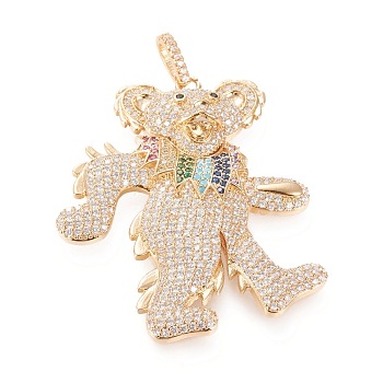 Brass Micro Pave Cubic Zirconia Pendants, with Tube Bails, Bear, Colorful, Real 18K Gold Plated, 44x36x6.5mm, Hole: 3x5mm