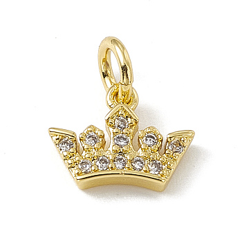 Brass Micro Pave Cubic Zirconia Charm, with Jump Rings, Crown Charm, Real 18K Gold Plated, 7x9x2mm, Hole: 2.7mm