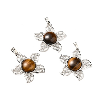 Natural Tiger Eye Pendants, Flower Charms, with Rack Plating Platinum Tone Brass Findings, Cadmium Free & Lead Free, 38x37x7~7.5mm, Hole: 8x5mm