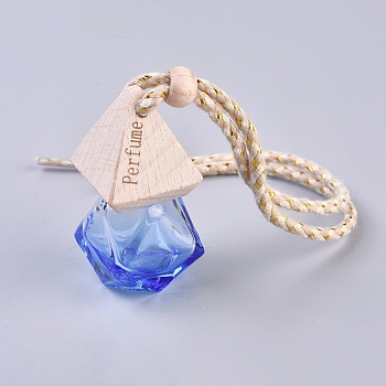 Empty Fragrance Oil Aromatic Perfume Oil Glass Pendant Decorations, with Wooden Lid and Polyester Rope, Polygon, Blue, 16.5 inch(42cm), Bottle: 38x38x58mm