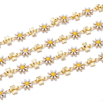 Handmade Brass Enamel Link Chains, with Spool, Long-lasting Plated, Unwelded, Flower,Golden, White, Enamel Flower: 12.5x7.5x1.7mm, Link: 6.5x6x2mm, about 32.8 Feet(10m)/roll