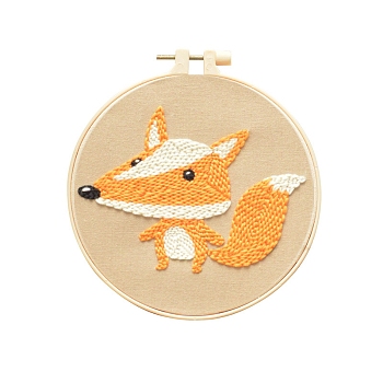 Animal Theme DIY Display Decoration Punch Embroidery Beginner Kit, Including Punch Pen, Needles & Yarn, Cotton Fabric, Threader, Plastic Embroidery Hoop, Instruction Sheet, Fox, 155x155mm