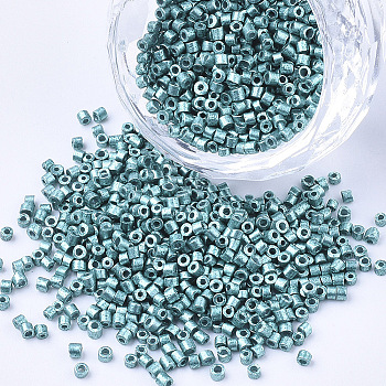 Glass Cylinder Beads, Seed Beads, Metallic Colours, Round Hole, Light Sea Green, 1.5~2x1~2mm, Hole: 0.8mm, about 8000pcs/bag, about 85~95g/bag
