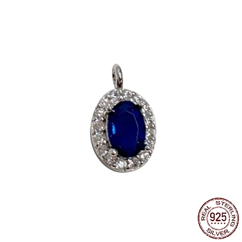 Rhodium Plated 925 Sterling Silver Pendants, with Dark Blue Cubic Zirconia, Oval Charm, Real Platinum Plated, 11.7x7x4mm, Hole: 1.6mm