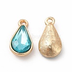 Faceted Glass Rhinestone Pendants, with Golden Zinc Alloy Setting, Teardrop Charm, Aquamarine, 18x9.5x5.5mm, Hole: 1.5mm(FIND-G049-01G-03)
