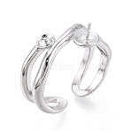 Brass Cuff Ring Settings, for Half Drilled Beads, Cadmium Free & Nickel Free & Lead Free, Real Platinum Plated, Pin: 0.8mm, 9~10mm, Inner Diameter: Adjustable(KK-T076-58P)