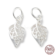 925 Sterling Silver Hollow Charms, with Jump Ring, Leaf, Silver, 14x7x1.5mm, Hole: 4mm(STER-E069-03S)
