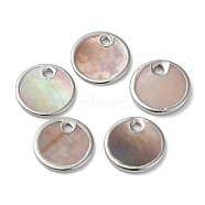 Natural Sea Shell Pendants, Flat Round Charms with Brass Edge, Platinum, 11x1mm, Hole: 1mm(BSHE-P033-13A-P)