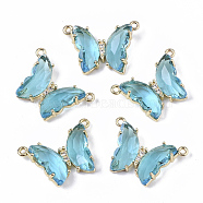 Glass Pendants, with  Micro Pave Cubic Zirconia and Brass Open Back Settings, Faceted, Butterfly, Golden, Sky Blue, 16.5x23.5x5.5mm, Hole: 1.2mm(GLAA-T020-01C)