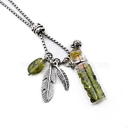 Natural Peridot Chips Perfume Bottle Pendant Necklace, with Stainless Steel Feather and Random Shapes Gemstone Pendants, Essential Oil Vial Jewelry for Women, 27.56 inch(70cm)(BOTT-PW0002-062D)