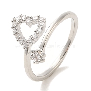 Brass Micro Pave Cubic Zirconia Rings for Women, Long-Lasting Plated, Heart, Platinum, Adjustable(RJEW-E295-20P)