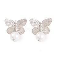 Rack Plating Brass ABS Pearl Earrings, Cadmium Free & Lead Free, Long-Lasting Plated, Butterfly, Platinum, 25x19mm(EJEW-S219-05P)