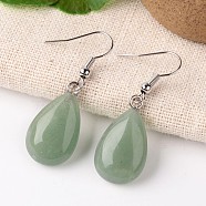 Natural Green Aventurine Teardrop Dangle Earrings, with Platinum Plated Brass Findings, 41mm, Pin: 0.7mm(X-EJEW-J089-01)