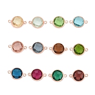 Brass Glass Links Connectors, Long-Lasting Plated, Lead Free & Nickel Free & Cadmium Free, Faceted, Flat Round, Real Rose Gold Plated, Mixed Color, 16.5x11x5mm, Hole: 1.4mm(KK-C228-04RG)