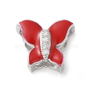 Brass Micro Pave Clear Cubic Zirconia Silde Charms, with Enamel, Cadmium Free & Lead Free, Long-Lasting Plated, Rack Plating, Butterfly, Red, 10.5x12.5x6mm, Hole: 4.5x2.5mm(KK-C086-02P-02)