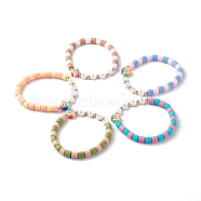 Handmade Polymer Clay Beads Stretch Bracelets, with Brass Spacer Beads and Acrylic Beads, Flower & Word Love, Mixed Color, Inner Diameter: 2 inch(5.2cm)(BJEW-JB06492)