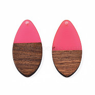 Transparent Resin & Walnut Wood Pendants, Teardrop Shape Charm, Hot Pink, 38x18x3mm, Hole: 2mm(RESI-N025-032-C06)