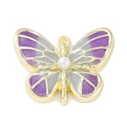 Rack Plating Alloy Enamel Pendants, with Imitation ABS Pearls and Glitter Powder , Cadmium Free & Nickel Free & Lead Free, Butterfly Charm, Medium Purple, 19x23x6mm, Hole: 1.4mm(PALLOY-F018-22G-01)