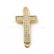 Rack Plating Brass Micro Pave Clear Cubic Zirconia Connector Charms, Cadmium Free & Lead Free, Religion Cross Links, Real 18K Gold Plated, 26x13.5x3mm, Hole: 1.5mm(KK-G458-06G)