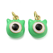 Evil Eye Rack Plating Brass Enamel Charms, with Jump Ring, Long-Lasting Plated, Cadmium Free & Lead Free, Real 18K Gold Plated, Light Green, 11x9x7mm, Hole: 3.8mm(KK-Q804-08G)