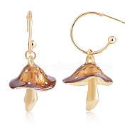 Enamel Mushroom Dangle Stud Earrings, Gold Plated Alloy  Half Hoop Earrings for Women, Brown, 47x24.5mm, Pin: 0.7mm(JE987E)