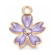 Alloy Enamel Pendants, with Crystal Rhinestone, Sakura Flower, Golden, Purple, 17x14x2.5mm, Hole: 1.6mm(ENAM-TAC0001-10B)