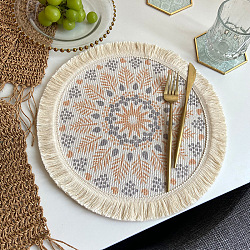 Polyester Braided Washable Placemat, Bohemian Style Woven Tassel Coaster, Flat Round, PeachPuff, 330mm(BOHO-PW0001-078E)