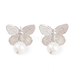 Rack Plating Brass ABS Pearl Earrings, Cadmium Free & Lead Free, Long-Lasting Plated, Butterfly, Platinum, 25x19mm(EJEW-S219-05P)