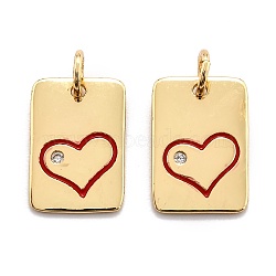 Brass Enamel Cubic Zirconia Pendants, Long-Lasting Plated, Rectangle, Real 18K Gold Plated, Red, 15x10x1.5mm, Hole: 3.6mm(ZIRC-O044-11A-G)