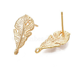 Brass Stud Earring Findings, with Vertical Loop, Nickel Free, Feather, Real 18K Gold Plated, 19x9.5mm, Hole: 1mm, Pin: 0.9mm(KK-N231-281)