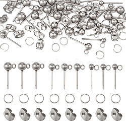 Pandahall 90Pcs 3 Size 202 Stainless Steel Ball Stud Earring Findings, with Loops & 304 Stainless Steel Pins & 90Pcs Jump Rings & 90Pcs Ear Nuts, Stainless Steel Color, 14~16mm, Hole: 1.6~2mm, Pin: 0.7mm, 30Pcs/size(STAS-TA0002-22)