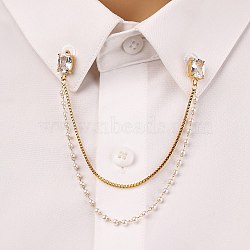 304 Stainless Steel Pave Clear Cubic Zirconia & ABS Pearl Rectangle Hanging Chain Brooch, Golden, 170mm(JEWB-S021-03G)