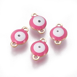 Ion Plating(IP) 304 Stainless Steel Enamel Links connectors, Flat Round with Evil Eye, Golden, Hot Pink, 12x8x4mm, Hole: 1.4mm(STAS-F206-02G-B07)