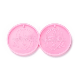 Food Grade Pendant Silicone Molds, for Earring Makings, Bakeware Tools, For DIY Cake Decoration, Chocolate, Candy Mold, Flat Round with Woman Pattern, Pink, 42x84x5mm, Hole: 1.6mm, Inner Diameter: 39.5mm(DIY-D050-18)