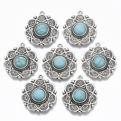 Tibetan Style Alloy Pendants, with Synthetic Turquoise, Cadmium Free & Lead Free, Flower, Antique Silver, 35x31x8mm, Hole: 1.6mm(X-PALLOY-R113-002-RS)
