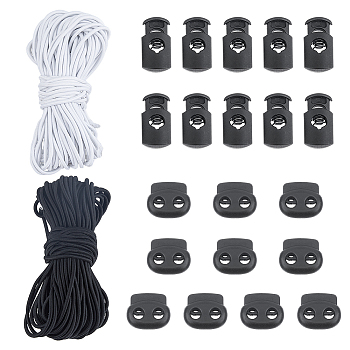 DICOSMETIC 20Pcs Plasti Cord Locks, Double Hole Drawstring Stopper Fastener Buttons, with 2 Bundle Elastic Round Cord, Mixed Color, Lock: 20~28.5x15~23x7~10mm, Hole: 5~7mm, 10pcs/style