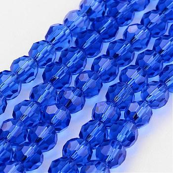 Transparent Glass Bead Strands, Imitate Austrian Crystal, Faceted(32 Facets), Round, Blue, 6mm, Hole: 1mm, about 96~98pcs/strand, 20~21 inch