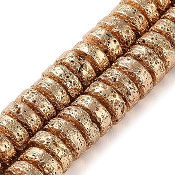 Electroplated Natural Lava Rock Beads Strands, Disc, Heishi Beads, Light Gold Plated, 9x4mm, Hole: 1.4mm, about 100pcs/strand, 15.98''(40.6cm)