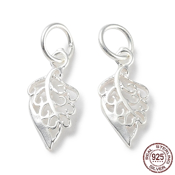 925 Sterling Silver Hollow Charms, with Jump Ring, Leaf, Silver, 14x7x1.5mm, Hole: 4mm
