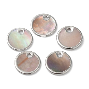 Natural Sea Shell Pendants, Flat Round Charms with Brass Edge, Platinum, 11x1mm, Hole: 1mm