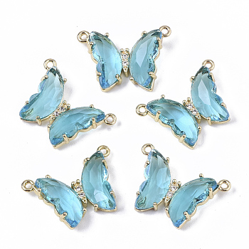 Glass Pendants, with  Micro Pave Cubic Zirconia and Brass Open Back Settings, Faceted, Butterfly, Golden, Sky Blue, 16.5x23.5x5.5mm, Hole: 1.2mm