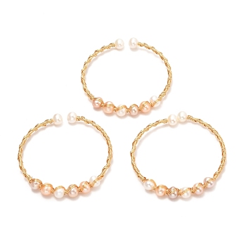 Brass Torque Bangles, with Naturalr Pearl, Long-Lasting Plated, Real 18K Gold Plated, 1/8 inch(0.3~0.75cm), Inner Diameter: 2-1/8 inch(5.5cm)