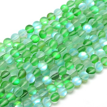 Synthetic Moonstone Beads Strands, Holographic Beads, Half AB Color Plated, Frosted, Round, Spring Green, 10mm, Hole: 1mm, about 37pcs/strand, 15 inch