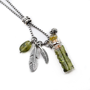 Natural Peridot Chips Perfume Bottle Pendant Necklace, with Stainless Steel Feather and Random Shapes Gemstone Pendants, Essential Oil Vial Jewelry for Women, 27.56 inch(70cm)