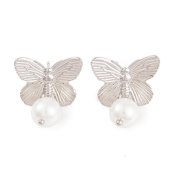 Rack Plating Brass ABS Pearl Earrings, Cadmium Free & Lead Free, Long-Lasting Plated, Butterfly, Platinum, 25x19mm