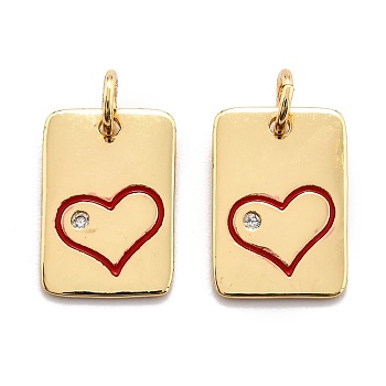Brass Enamel Cubic Zirconia Pendants, Long-Lasting Plated, Rectangle, Real 18K Gold Plated, Red, 15x10x1.5mm, Hole: 3.6mm