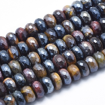 Electroplate Natural Tiger Eye Beads Strands, Faceted, Rondelle, 10x6mm, Hole: 1mm, about 64pcs/strand, 15.7 inch