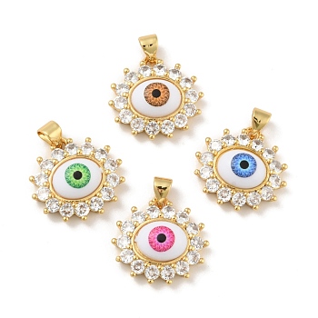 Brass Micro Pave Cubic Zirconia Pendants, with Acrylic, Cadmium Free & Lead Free, Long-Lasting Plated, Evil Eye, Real 18K Gold Plated, Mixed Color, 18x18.5x6mm, Hole: 4x3.5mm